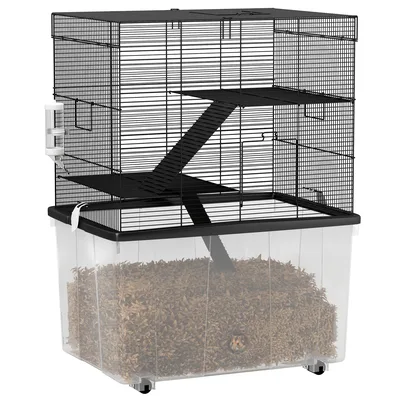 PawHut Gabbia per Criceti 3 Piani con Ruote, 2 Piattaforme, Rampe, Ciotola e Bottiglia, 58x43x74 cm, Nero