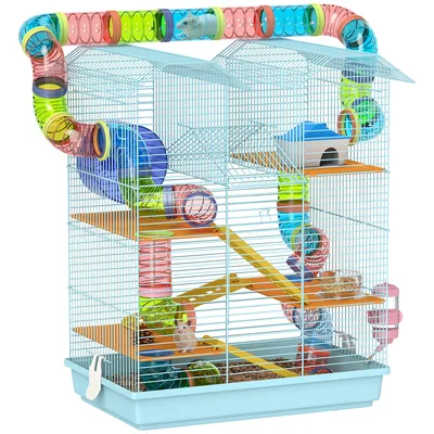 PawHut Gabbia per Criceti a 5 Piani con Tubi Colorati, Ruota, Casetta e Accessori, 47x30x59 cm, Azzurro   Aosom Italy