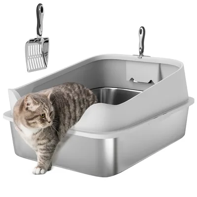 PawHut Lettiera per Gatti XXL in Acciaio Inox con Paletta, Lati Alti, Antiperdita, Antiodore, Fino a 12 kg, Grigio   Aosom Italy