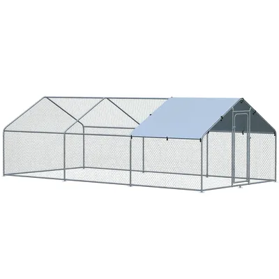 PawHut Pollaio per Galline da Esterno in Metallo con Copertura in Tessuto Oxford, 600x303.5x195 cm, Argento Aosom