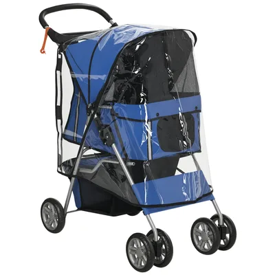 PawHut Passeggino Pieghevole per Cani Piccoli con Copertura Antipioggia, Ruote Girevoli e con Freni, 75x45x97 cm, Blu   Aosom Italy
