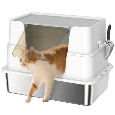 PawHut Lettiera per Gatti in Acciaio Inossidabile, Spazioso Interno XL, con Paletta, Grigio Chiaro   Aosom Italy