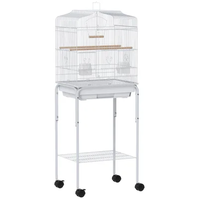 PawHut Gabbia per Uccelli con Ruote Ripiano Sportelli 2 Mangiatoie 2 Posatoi Altalena Vassoio Estraibile 46,5x36x124 cm Bianco   Aosom Italy