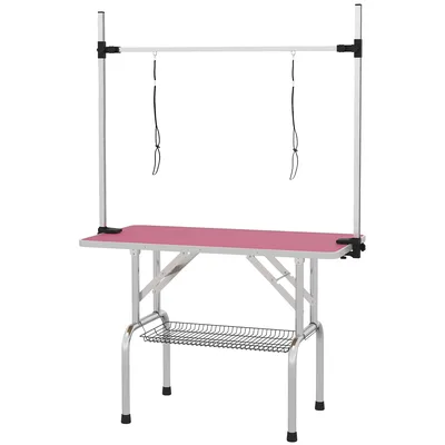 PawHut Tavolo da Toelettatura Pieghevole con Cestello Metallico Barra in Acciaio Inossidabile Regolabile 107x60x164 cm Rosa   Aosom Italy