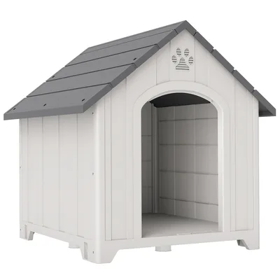 PawHut Casetta per Cani da Esterno Casetta per Cani di Taglia Grande in Plastica con 2 Finestre Base Rialzata Picchetti Grigio   Aosom Italy