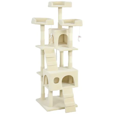 PawHut Albero Tiragraffi per Gatti Albero per Gatti 153 cm con 2 Casette 3 Letti 2 Rampe Montanti in Sisal Topolini Appendibili Crema   Aosom Italy