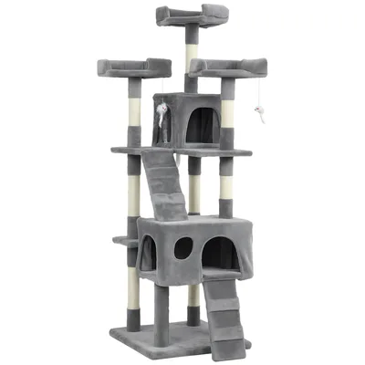 PawHut Albero Tiragraffi per Gatti Albero per Gatti 153 cm con 2 Tane 3 Lettini 2 Rampe Pali in Sisal Topolini Appesi Grigio   Aosom Italy