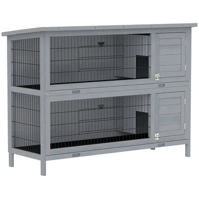 PawHut Conigliera in legno a 2 piani con tetto in asfalto, vasca inferiore e porte per piccoli animali 136,4 x 50 x 93 cm Grigio   Aosom Italy