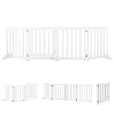 PawHut Barriera per Cani Pieghevole a 4 Pannelli con Porta in Legno, 205x60 cm, Bianco   Aosom Italy