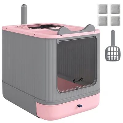 PawHut Lettiera coperta con uscita superiore, paletta e sacchetti deodoranti, 44,5x34,5x40,5 cm, rosa   Aosom Italy