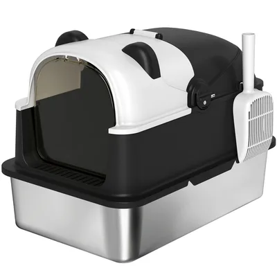 PawHut Lettiera Coperta XL per Gatti Grandi in Acciaio Inox con Paletta, Design Panda, Nero   Aosom Italy