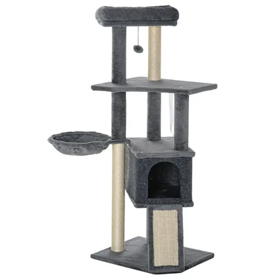 PawHut Albero Tiragraffi per Gatti Alto 127 cm con Pali Graffiatoi in Sisal, Rampa, Cesto, Cuccia, Amaca, Grigio   Aosom Italy