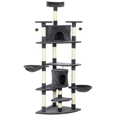 PawHut Albero Tiragraffi per Gatti Alto con Casette e Amache, 60x60x200cm, Grigio Scuro   Aosom Italy