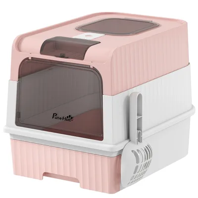 PawHut Lettiera Gatto Chiusa M con Coperchio, Vassoio Estraibile, Paletta, 4 Pacchetti Deodoranti, Rosa   Aosom Italy