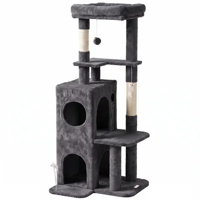 PawHut Albero Tiragraffi per Gatti Alto 132 cm con 2 Pali in Sisal, Cuccia, Casetta a 2 Livelli, Trespolo, Grigio Scuro   Aosom Italy