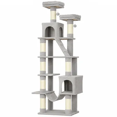 PawHut Tiragraffi per Gatti Grande Alto 204cm Multilivello, 8 Pali Graffiatoi in Sisal, 2 Grotte, Amaca, Grigio Chiaro   Aosom Italy