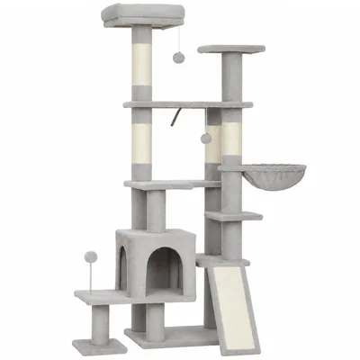 PawHut Albero Tiragraffi Multilivello 152 cm con 4 Pali per Gatti da Interno, Grigio Chiaro   Aosom Italy