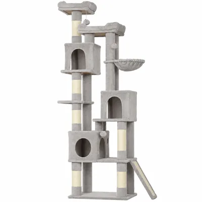 PawHut Albero Tiragraffi per Gatti Alto 200 cm con 6 Pali Graffiatoi in Sisal, 2 Cucce, 3 Casette, Amaca, Grigio Chiaro   Aosom Italy
