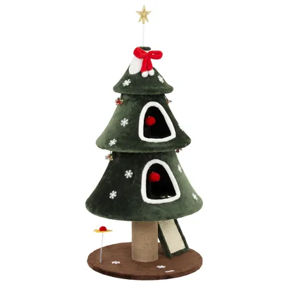 PawHut Albero Tiragraffi Natalizio per Gatti, 2 Cucce, Scala in Sisal, Pali in Juta e Palline, 60x60x132 cm, Verde   Aosom Italy