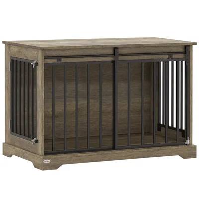 PawHut Casetta per cani con porta scorrevole e tavolino, 100x60x68 cm, Grigio e Marrone Chiaro   Aosom Italy