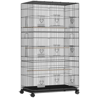 PawHut Gabbia per uccelli con ruote, 6 mangiatoie, 3 posatoi e vassoio estraibile, 77x46.5x141 cm, Nero   Aosom Italy