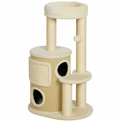 PawHut Tiragraffi per Gatti 90cm Multilivello con 4 Pali Graffiatoi in Sisal, 2 Grotte, Cuccia, Pompon, Tappetino, Beige   Aosom Italy