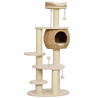 PawHut Albero tiragraffi 132 cm per 2 gatti con cuccia, pali, lettino, 3 palline, antiribaltamento   Aosom Italy