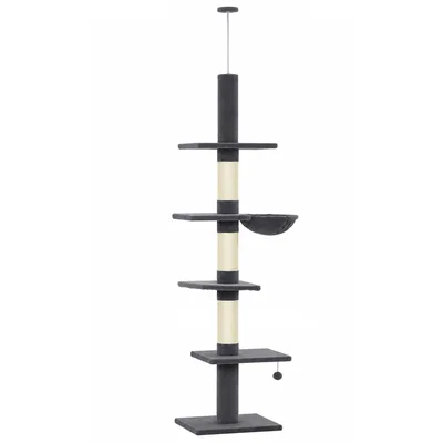 PawHut Albero tiragraffi a soffitto 225-255 cm, 5 livelli, 3 pali in sisal, amaca e piattaforme   Aosom Italy