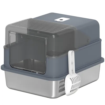PawHut Lettiera per gatti 2 in 1 in acciaio inox, coperchio rimovibile, bordo alto e paletta, grigio   Aosom Italy