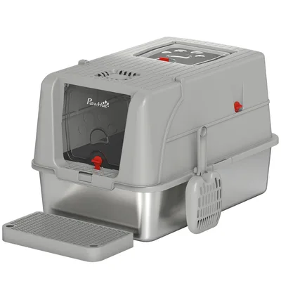 PawHut Lettiera Gatto Chiusa XL in Acciaio Inox con Coperchio, Gradino Raccogli-lettiera, Paletta, Grigio Chiaro   Aosom Italy