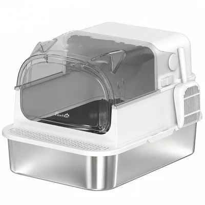 PawHut 3 in 1 Lettiera Gatto Chiusa XL 90L in Acciaio Inox con Coperchio Rimovibile, Paletta, Pareti Alte, Bianco   Aosom Italy