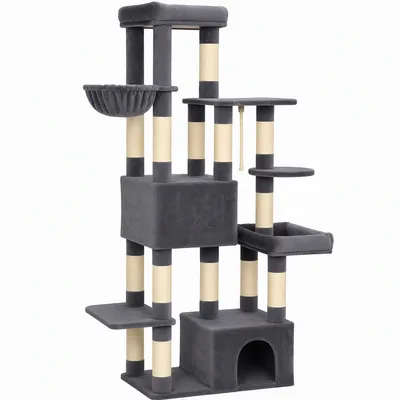 PawHut Tiragraffi per Gatti Grande Alto 180 cm Multilivello, 13 Pali Graffiatoi, 2 Grotte, Amaca, 2 Cucce, Grigio Scuro   Aosom Italy