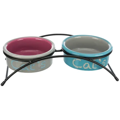 Doppia ciotola con supporto Trixie Eat on Feet per gatti - 2 x 300 ml, Ø 12 cm (grigio chiaro/rosa antico/azzurro)